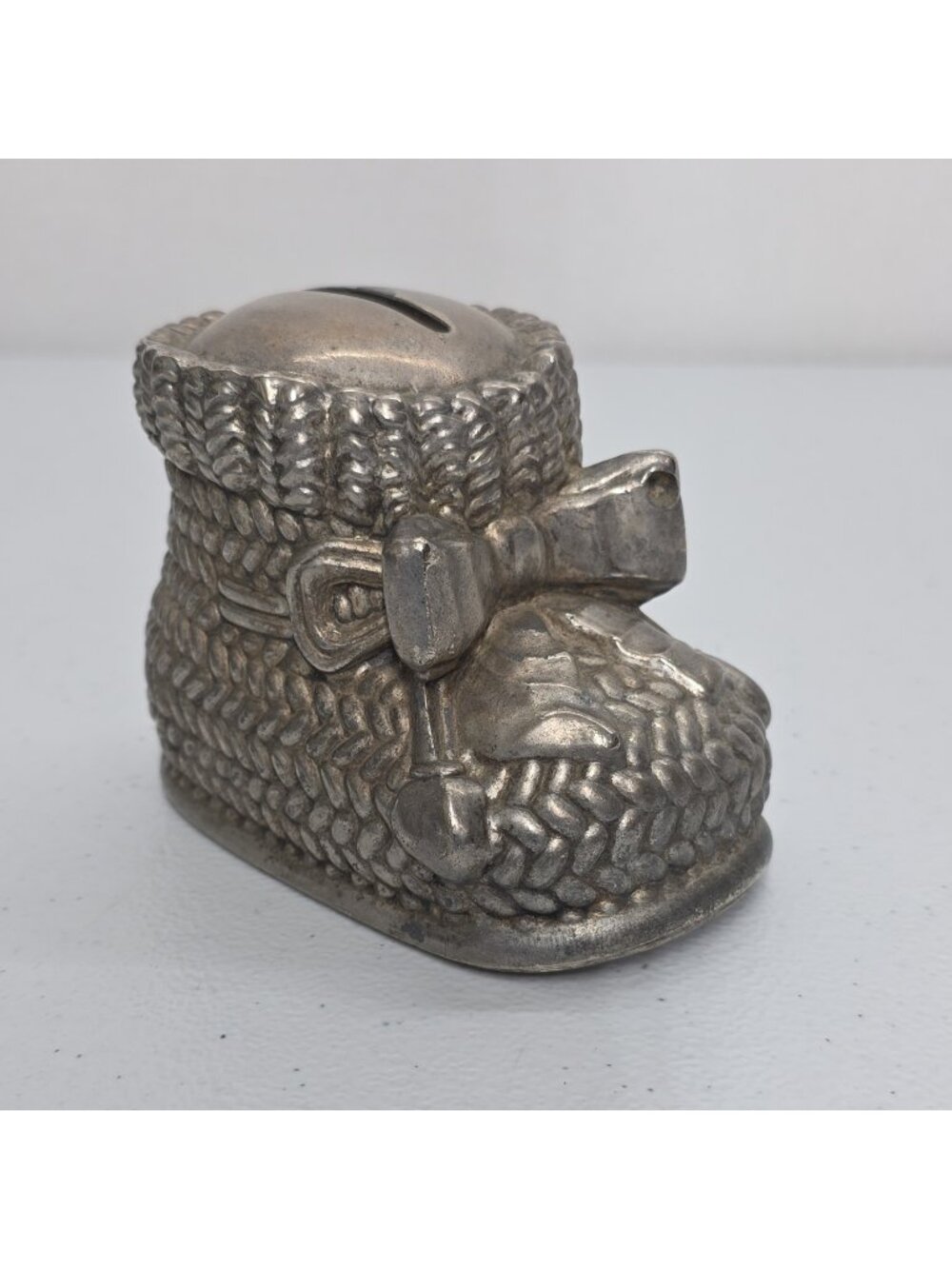 Vintage Leonard Silver Plate Coin Bank Baby Nursery Boot Bow Antique Baby gift